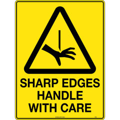 Uniform Safety Signs - 450x300mm - Poly - Caution Sharp Edges Handle with Care | 376LSP