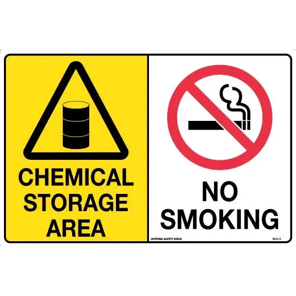 Uniform Safety Signs - 600x400mm - Metal - Multi Sign - Chemical Storage Area/No Smoking | 382LM
