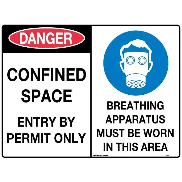 Uniform Safety Signs - 600x400mm - Metal - Multi Sign - Danger Confined Space Entry By Permit Only/Breathing Apparatus Must | 384LM
