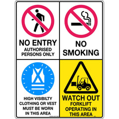 Uniform Safety Signs - 600x400mm - Corflute - Multi Sign - No Entry / No Smoking / Hi Visibility / Watch Out For Forklifts | 387LC
