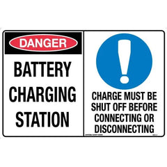 Uniform Safety Signs - 450x300mm - Poly - Danger Battery Charging Station / Charge Must Be Shut Off Before Connecting or Di | 389LSP