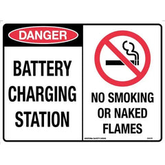 Uniform Safety Signs - 450x300mm - Metal - Danger Battery Charging Station / No Smoking or Naked Flames | 390LSM
