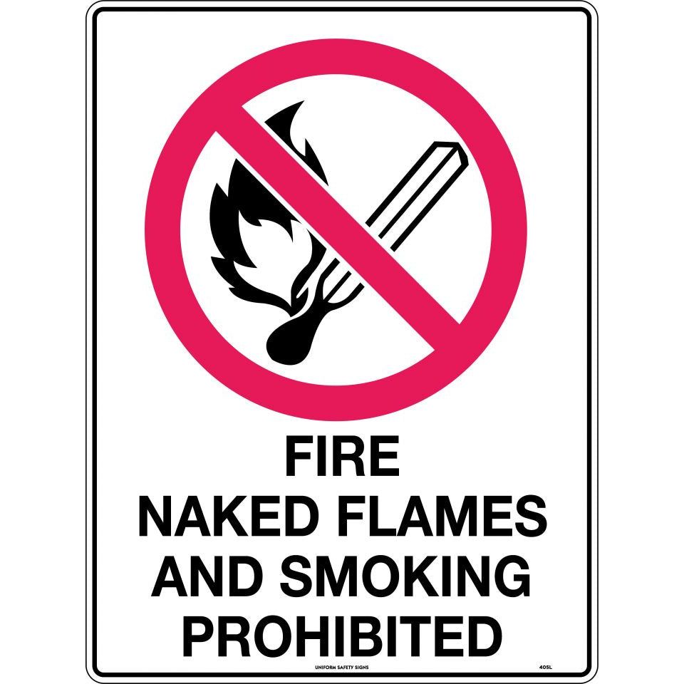 Uniform Safety Signs - 600x400mm - Metal - Fire, Naked Flame and Smoking Prohibited | 405LM