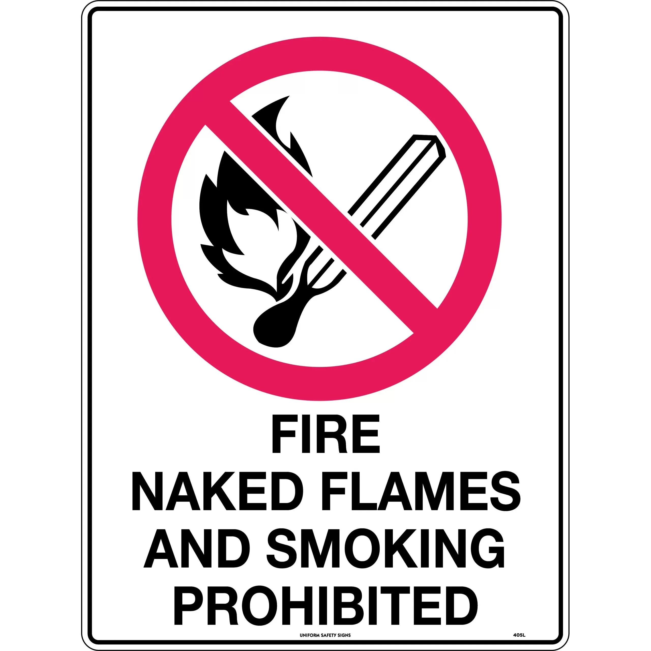 Uniform Safety Signs - 140x120mm - Self Adhesive - Pkt of 4 - Fire, Naked Flame and Smoking Prohibited | 405SA
