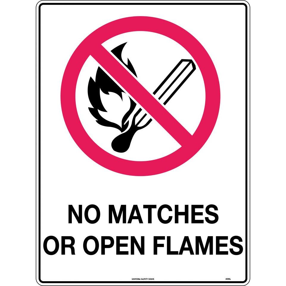 Uniform Safety Signs - 600x400mm - Metal - No Matches or Open Flames | 406LM