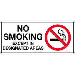 Uniform Safety Signs - 450x200mm - Metal - No Smoking Except In Designated Areas | 411OLM