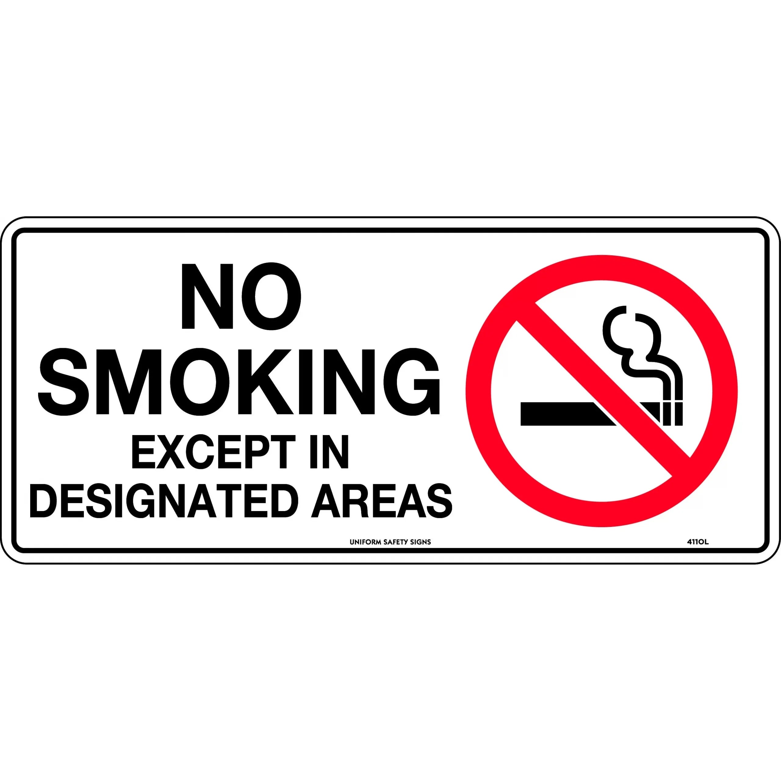 Uniform Safety Signs - 300x140mm - Self Adhesive - No Smoking Except in Designated Areas | 411TMA