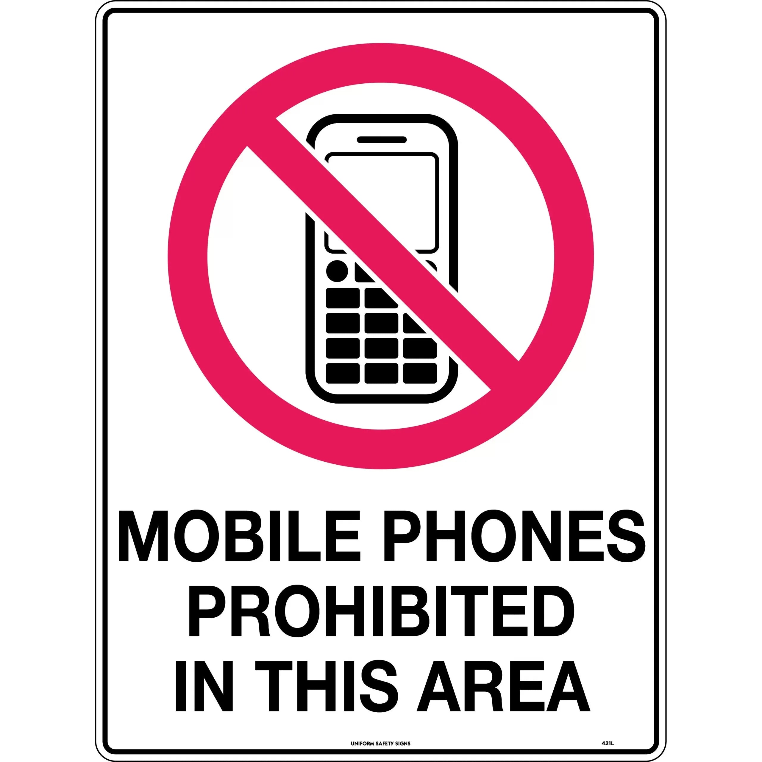 Uniform Safety Signs - 300x140mm - Self Adhesive - Mobile Phones Prohibited In This Area | 421TMA