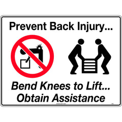 Uniform Safety Signs - 300x225mm - Poly - Prevent Back Injury, Bend Knees to Lift.Obtain Assistance | 457MP
