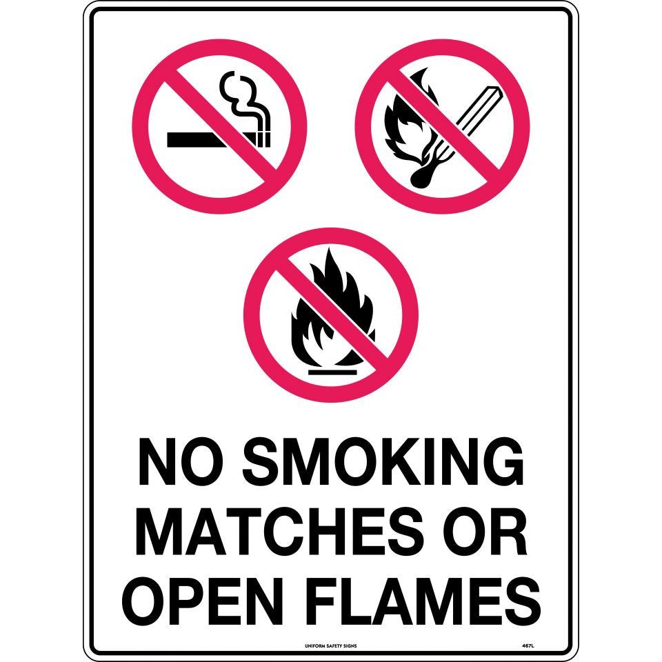 Uniform Safety Signs - 600x400mm - Metal - No Smoking Matches or Open Flames | 467LM