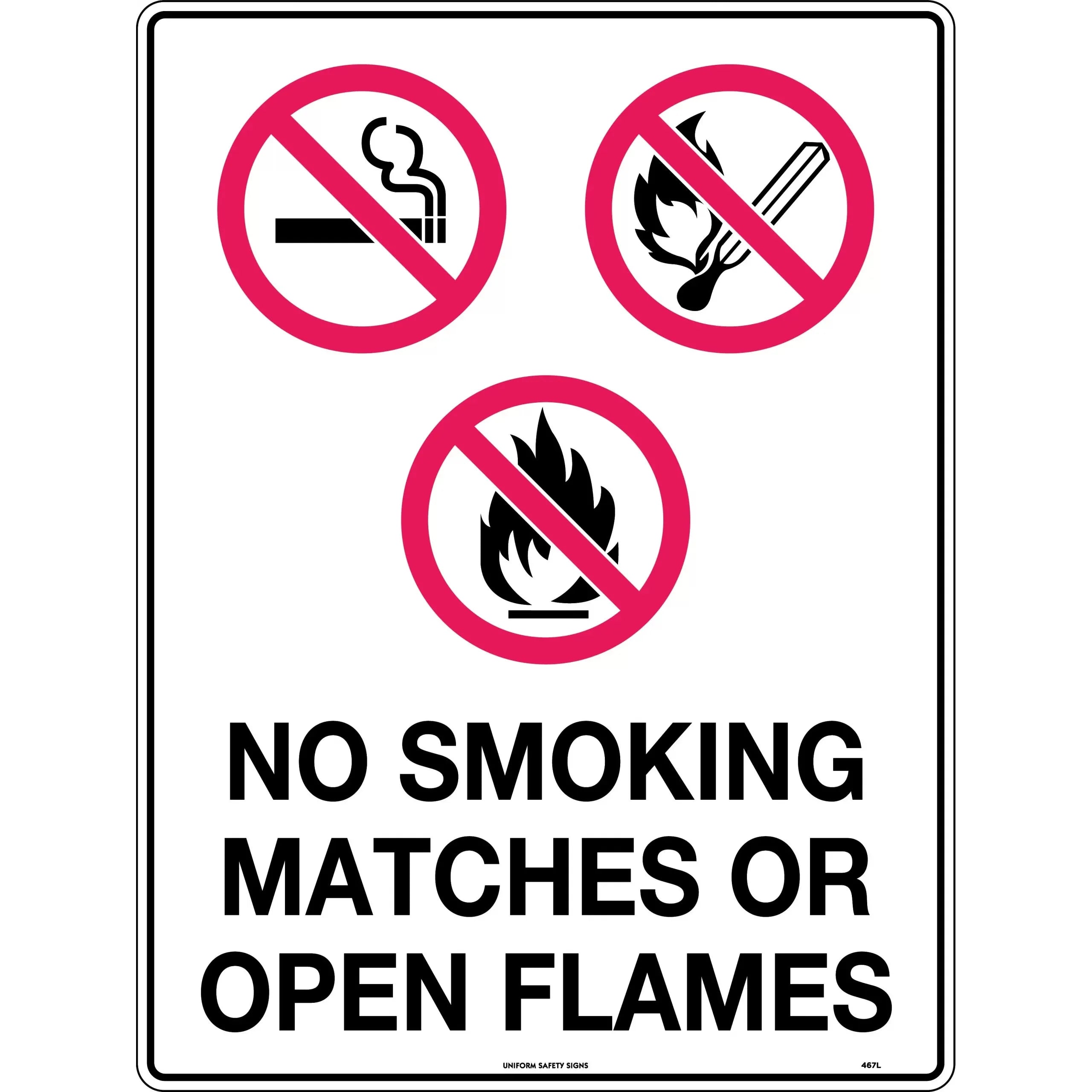 Uniform Safety Signs - 300x225mm - Poly - No Smoking Matches or Open Flames | 467MP