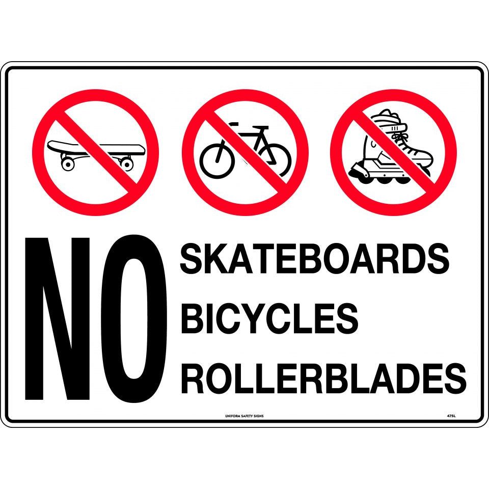 Uniform Safety Signs - 600x400mm - Metal - No Skateboards, Rollerblades, Bicycles | 475LM
