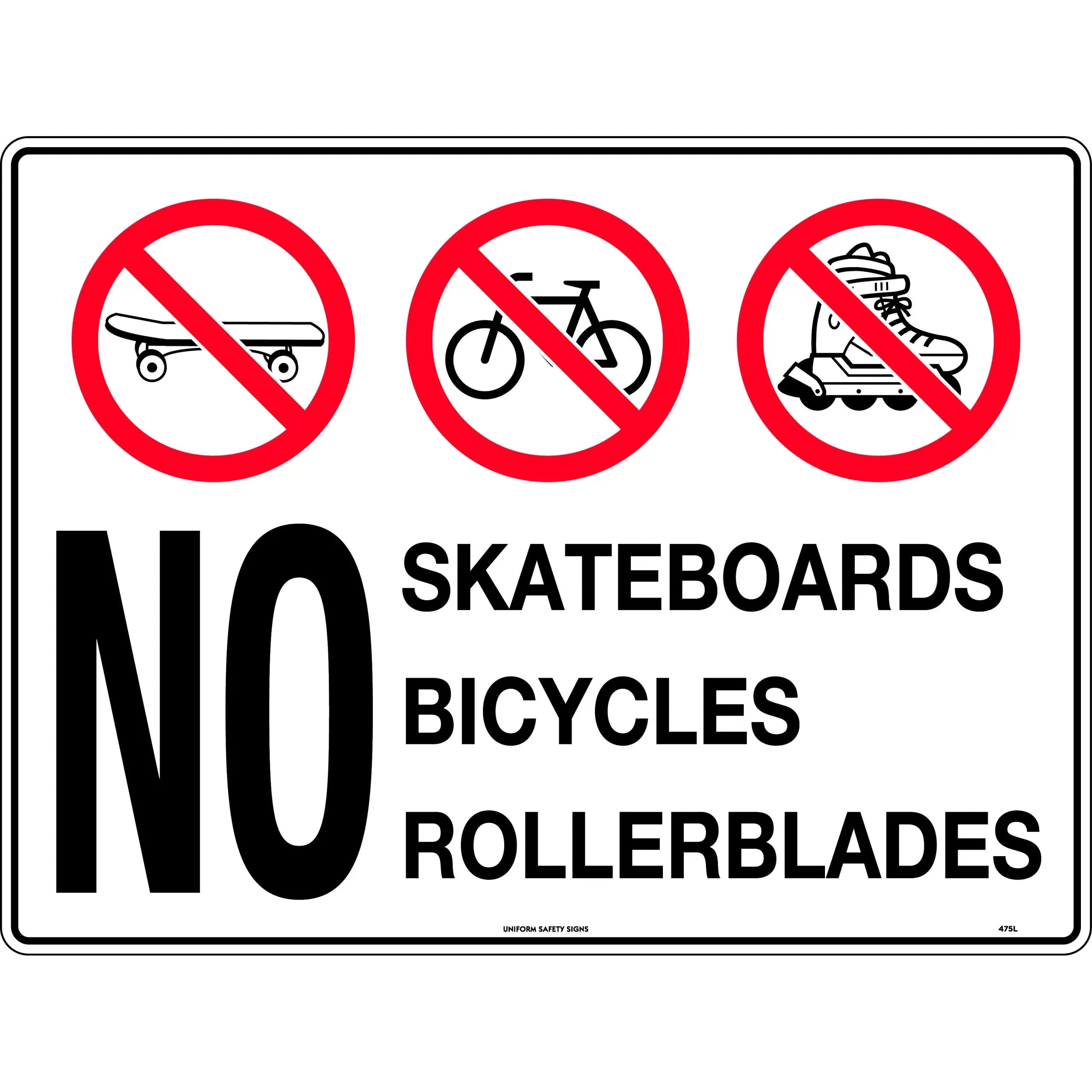 Uniform Safety Signs - 450x300mm - Metal - No Skateboards, Rollerblades, Bicycles | 475LSM