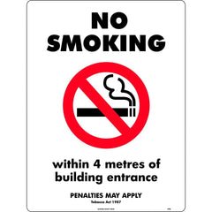 Uniform Safety Signs - 600x400mm - Metal - No Smoking, Within 4 Metres Of Building Entrance (Penalties May Apply) Tobacco A | 478LM