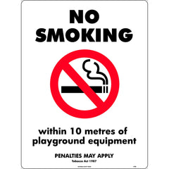 Uniform Safety Signs - 450x300mm - Metal - No Smoking, Within 10 Metres Of Playground Equipment (Penalties May Apply) Tobac | 479LSM