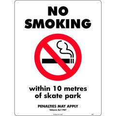 Uniform Safety Signs - 240x180mm - Self Adhesive - No Smoking, Within 10 Metres Of Skate Park (Penalties May Apply) Tobacco | 480DA