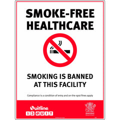 Uniform Safety Signs - 240x180mm - Self Adhesive - Smoke-Free Healthcare, Smoking is Banned at This Facility (QLD Standard) | 484DA
