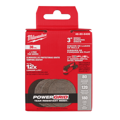Milwaukee - 75mm (3") Assorted Grit Set (12 x 80/120/180) POWERGRID HandL Mesh Sanding Discs 36PK + 3 Pad Saver (Fits M12FSDR75) | 48806406
