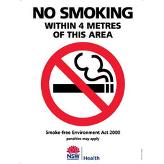 Uniform Safety Signs - 600x400mm - Metal - No Smoking Within 4 Metres of This Area (NSW Standard) | 489LM