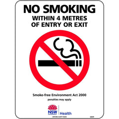 Uniform Safety Signs - 600x400mm - Metal - No Smoking Within 4 Metres of Entry or Exit (NSW Standard) | 490LM