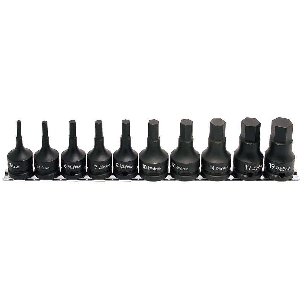 Koken - 10pc 1/2" Drive Impact Inhx Socket Set (4-19mm) 60mm Long On Rail