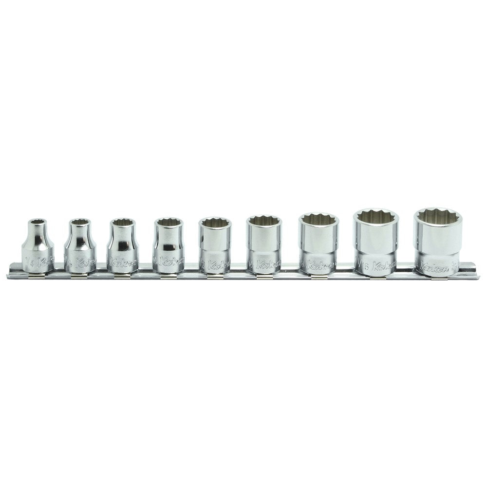 Koken - 9pc 3/8" Drive 12 Point Socket Set (1/4"- 3/4") On Rail