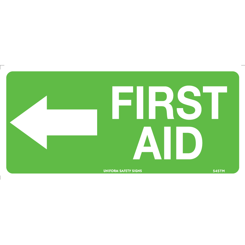 Uniform Safety Signs - 300x140mm - Self Adhesive - First Aid with Left Arrow | 545TMA