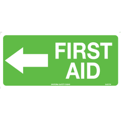 Uniform Safety Signs - 300x140mm - Self Adhesive - First Aid with Left Arrow | 545TMA