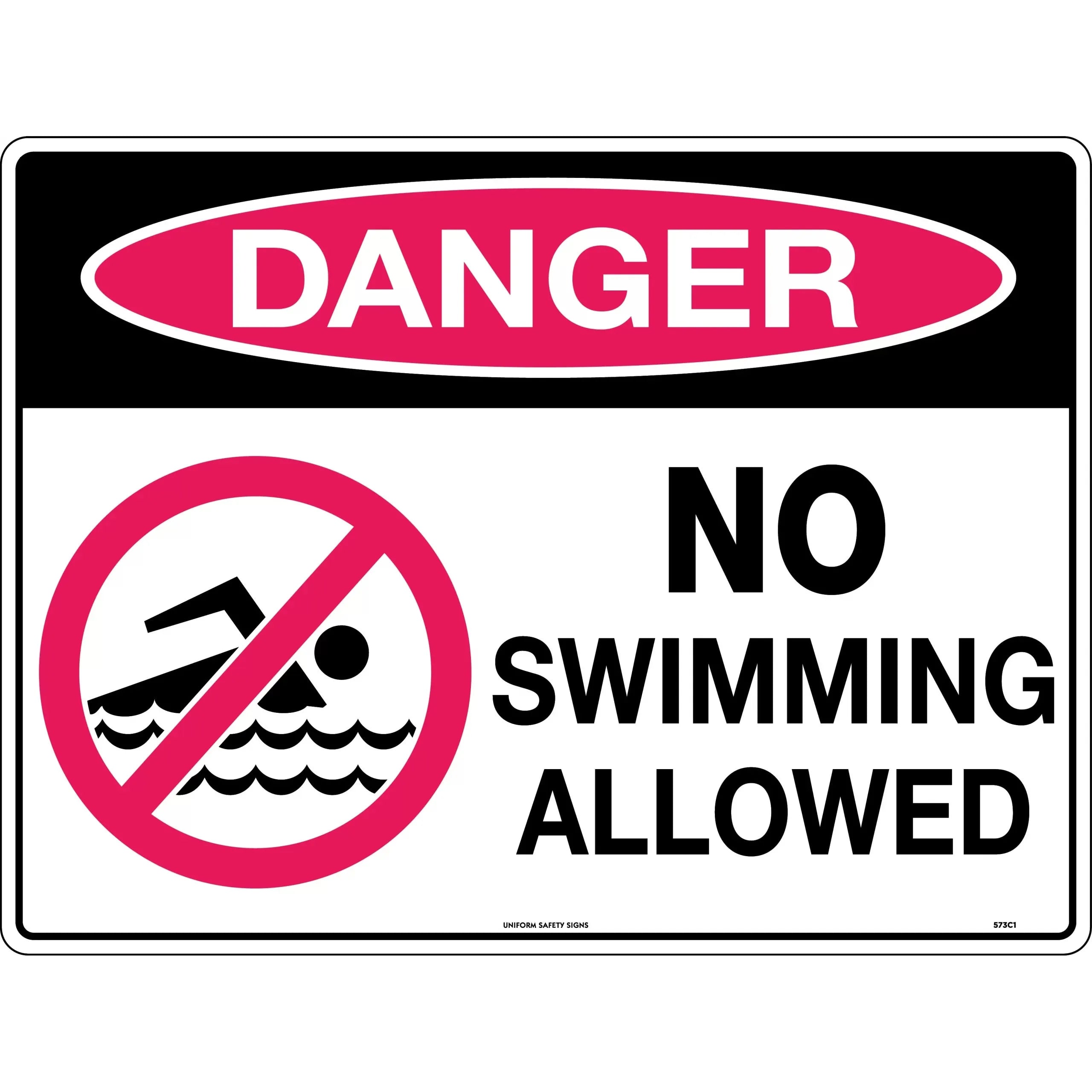 Uniform Safety Signs - 600x400mm - Metal - Class 2 - Reflective - Danger No Swimming Allowed (with picto) | 573C2