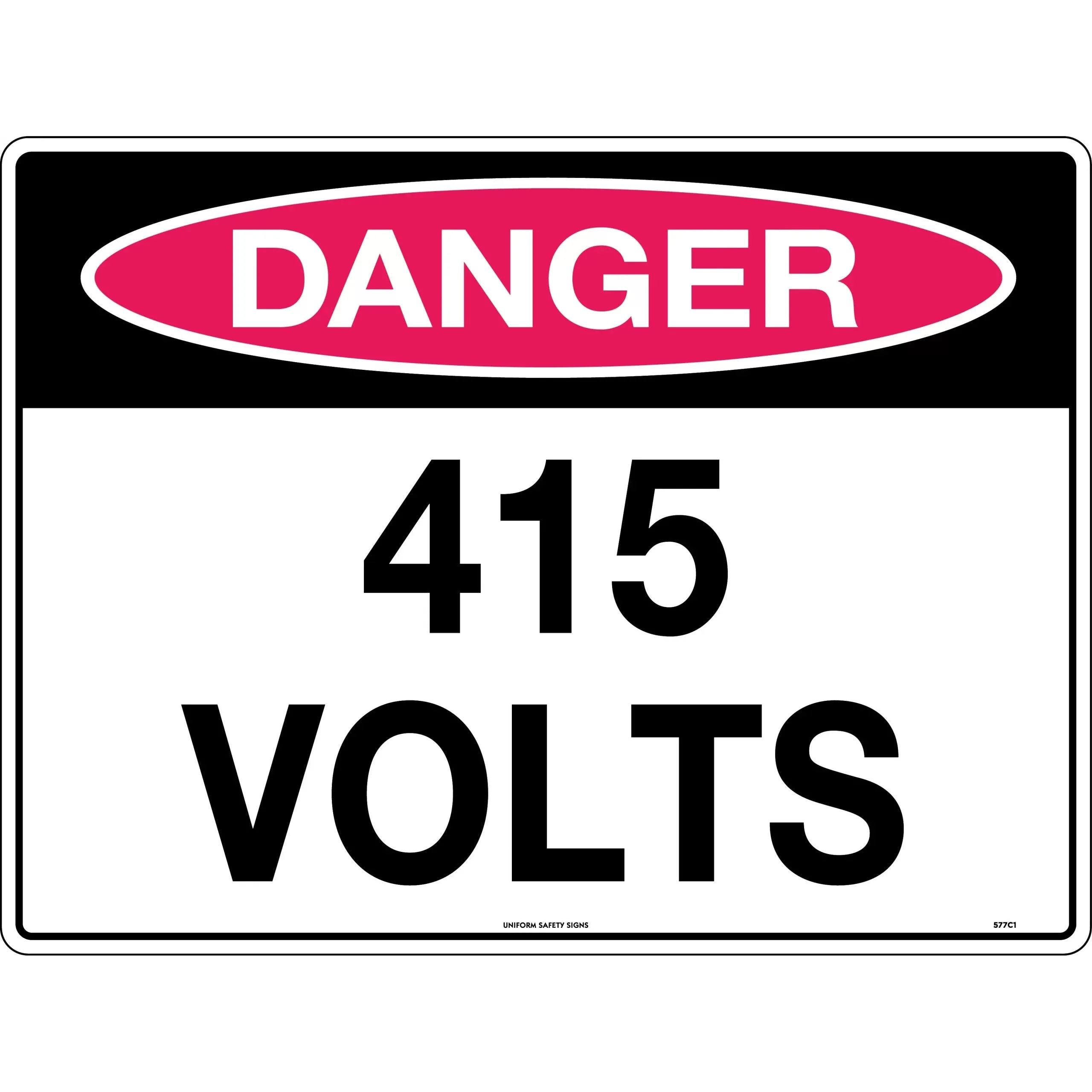Uniform Safety Signs - 600x400mm - Metal - Class 2 - Reflective - Danger 415 Volts | 577C2