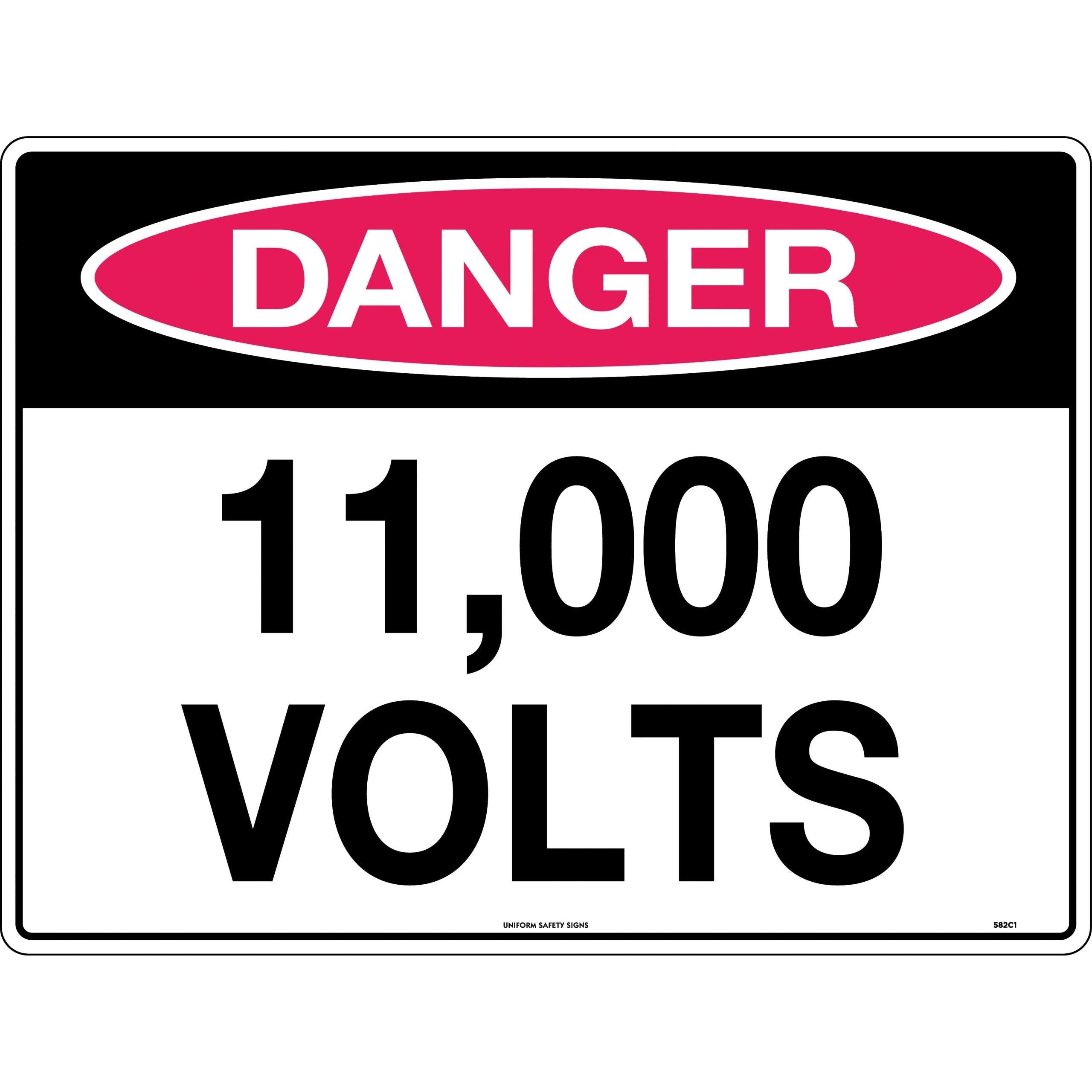 Uniform Safety Signs - 600x400mm - Metal - Class 1 Reflective - Danger 11,000 Volts | 582C1