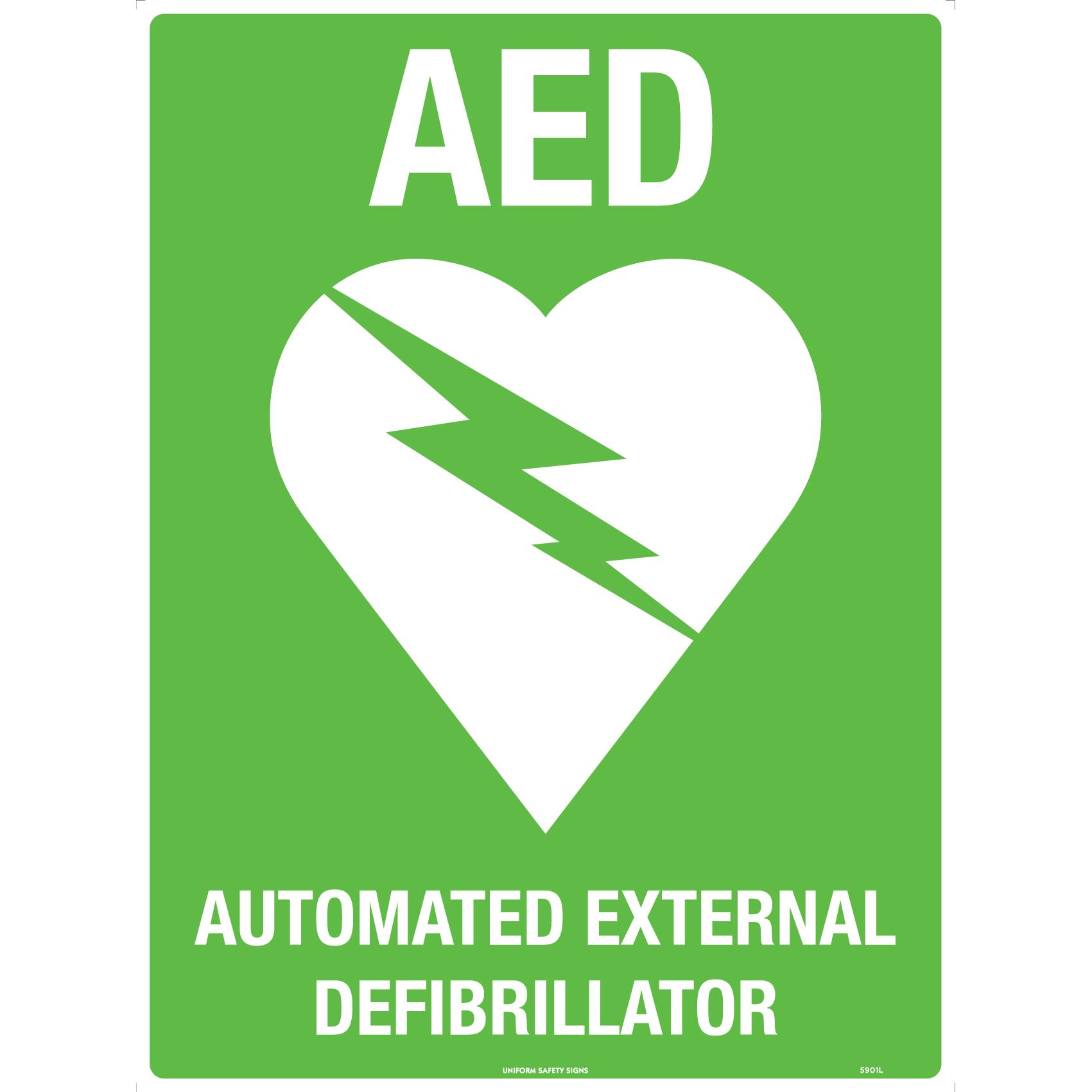 Uniform Safety Signs - 240x180mm - Self Adhesive - (White/Green) AED with Symbol | 5901DA