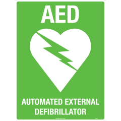 Uniform Safety Signs - 240x180mm - Self Adhesive - (White/Green) AED with Symbol | 5901DA