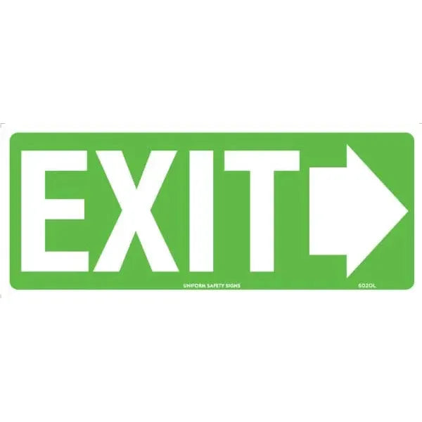 Uniform Safety Signs - 350x145mm - Self Adhesive - Luminous - Exit (with right arrow) | 602OLA