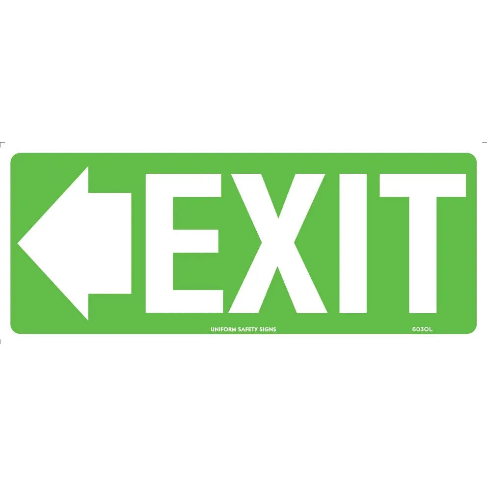 Uniform Safety Signs - 350x145mm - Self Adhesive - Luminous - Exit (with left arrow) | 603OLA