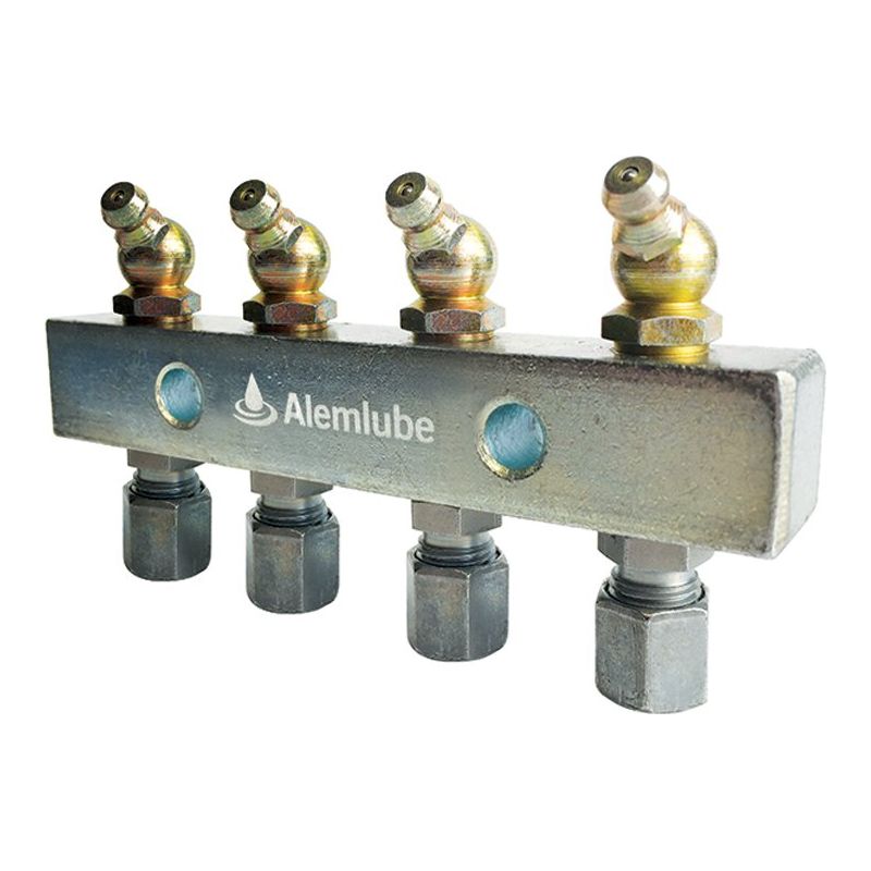 Alemlube - Header Block 4 Outlet C/W 6mm Fittings And Grease Nipples | 6134