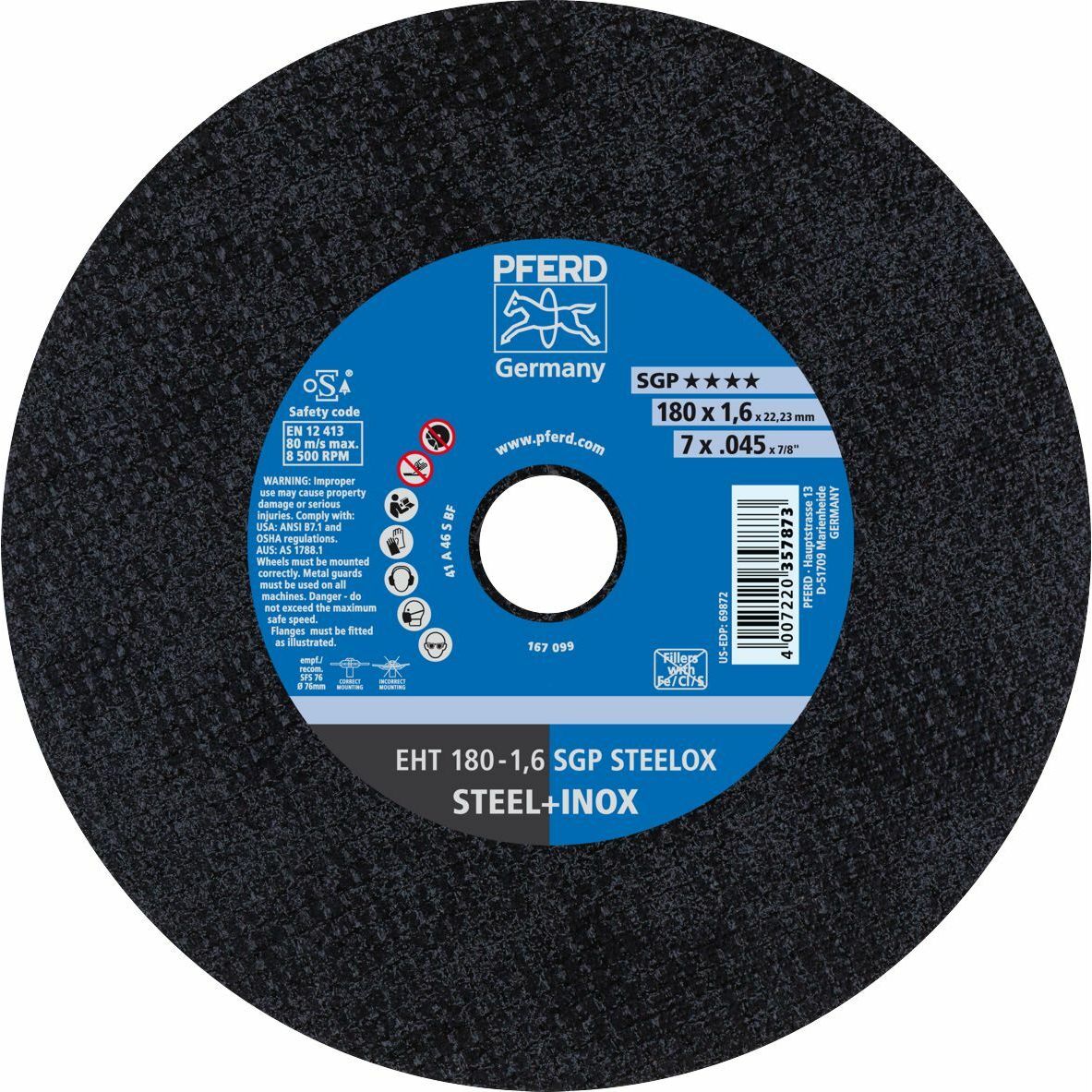 PFERD - Cut-Off Wheel ULTRA-THIN (7") 180mm x 1.6mm PREMIUM - STEEL/INOX | 61343122 25