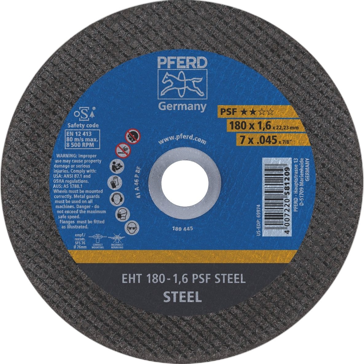 PFERD - ULTRA THIN Flat Cut-Off Wheel GP - STEEL EHT 180-1.6 PSF | 61719121 25