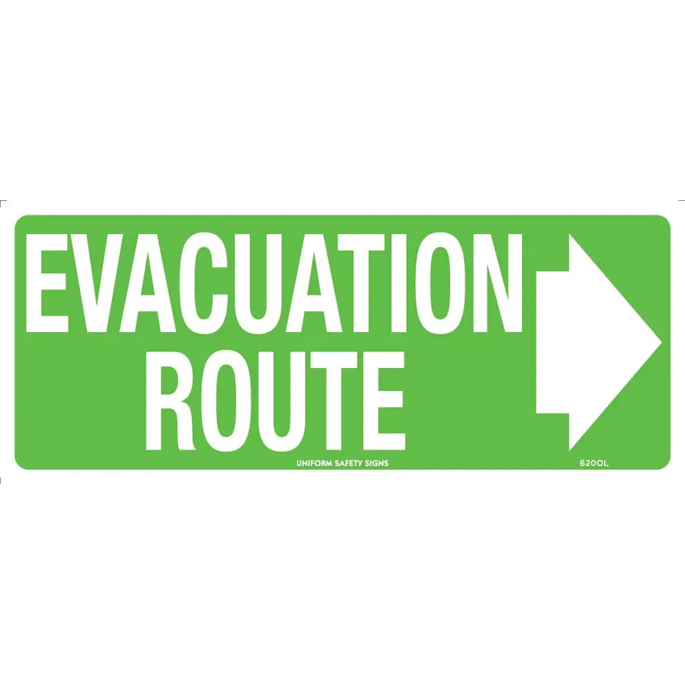 Uniform Safety Signs - 350x145mm - Metal - Luminous - Evacuation Route (with right arrow) | 620OLM