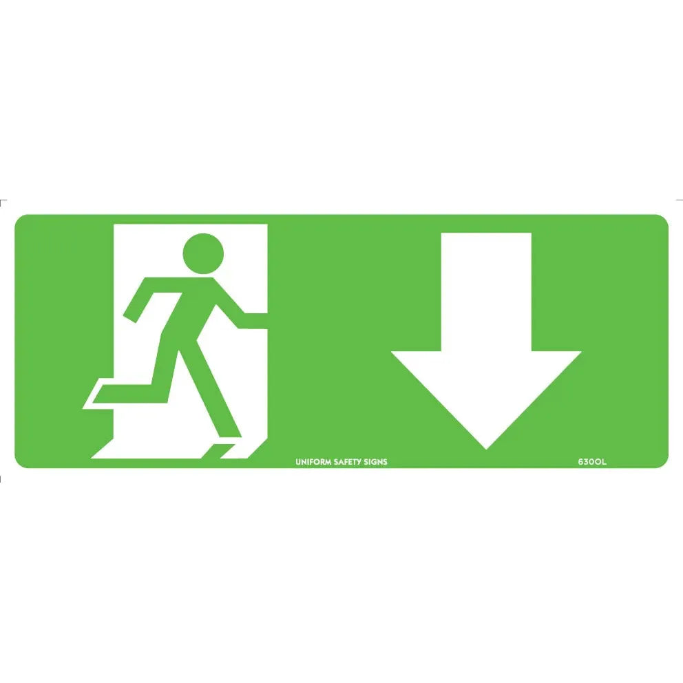 Uniform Safety Signs - 350x145mm - Self Adhesive - Luminous - Running Man with Arrow Down | 630OLA