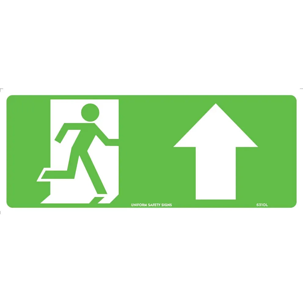Uniform Safety Signs - 350x145mm - Self Adhesive - Luminous - Running Man With Arrow Up | 631OLA