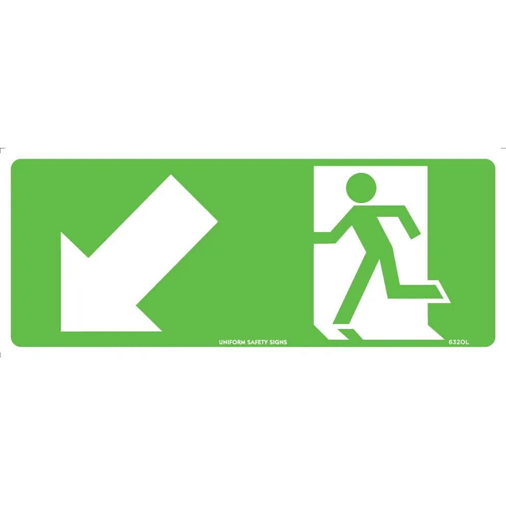 Uniform Safety Signs - 350x145mm - Self Adhesive - Luminous - Running Man with Arrow Down/Left | 632OLA
