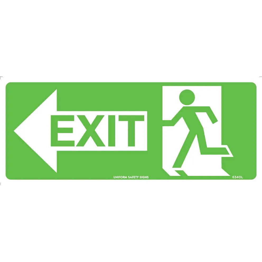 Uniform Safety Signs - 350x145mm - Metal - Luminous - Running Man With Exit and Left Arrow | 634OLM