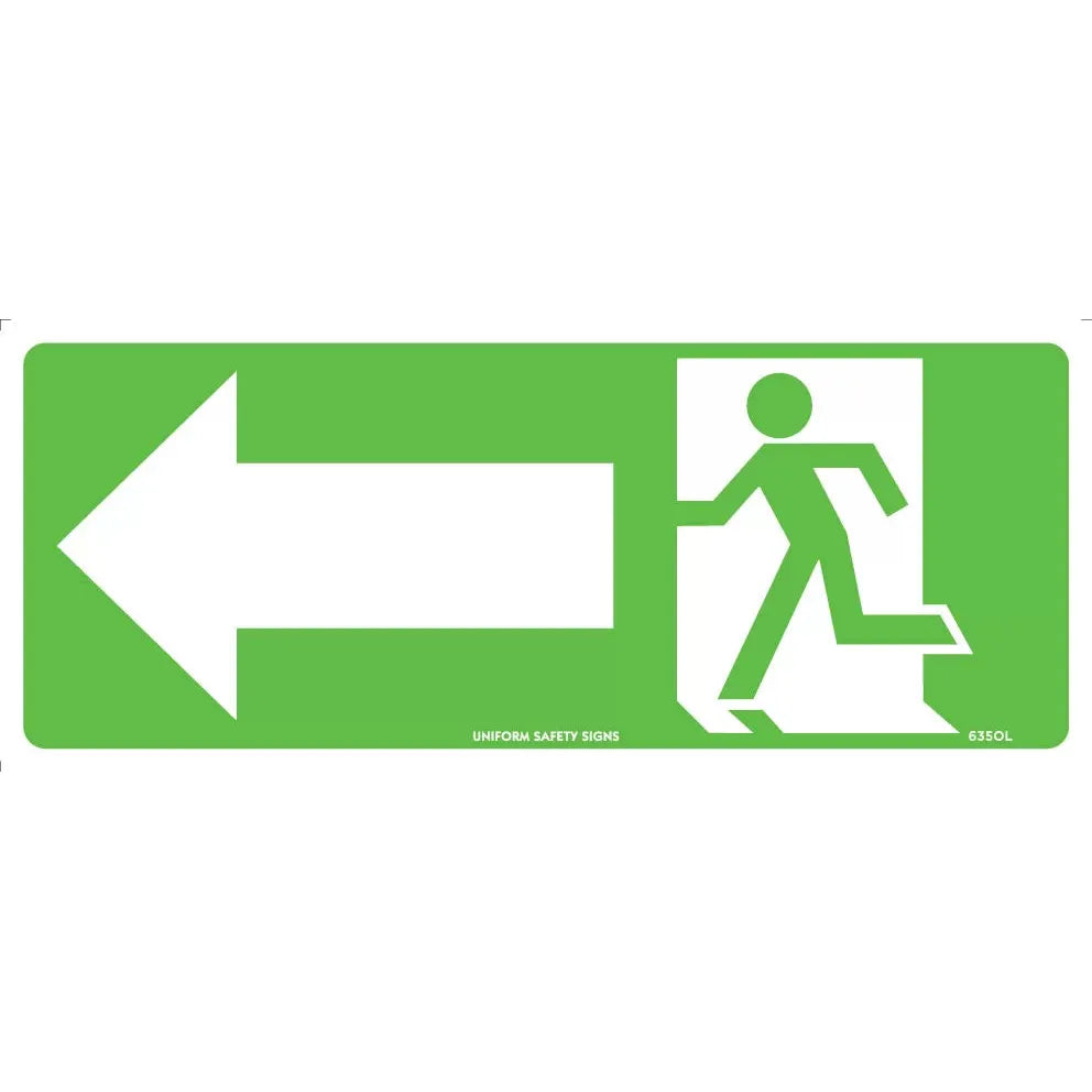 Uniform Safety Signs - 350x145mm - Poly - Luminous - Running Man Picto with Arrow Left | 635OLUP