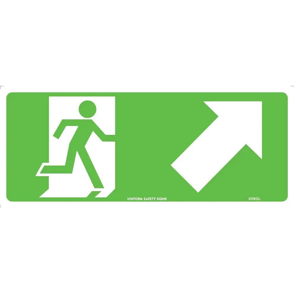 Uniform Safety Signs - 350x145mm - Self Adhesive - Luminous - Running Man with Arrow Up/Right | 639OLA