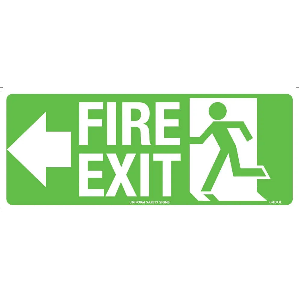 Uniform Safety Signs - 350x145mm - Self Adhesive - Luminous - Fire Exit with Arrow Left | 640OLA