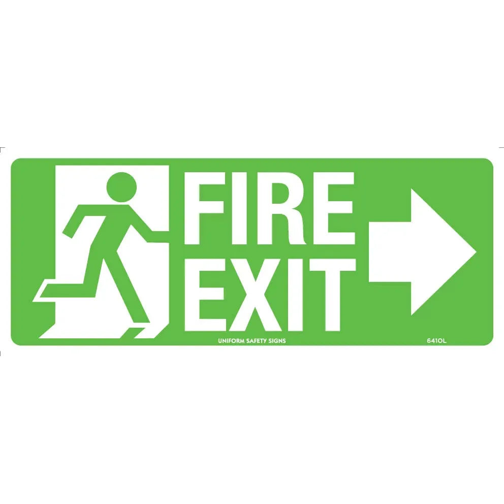 Uniform Safety Signs - 350x145mm - Self Adhesive - Luminous - Fire Exit with Arrow Right | 641OLA