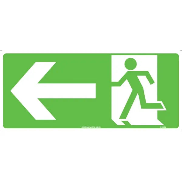Uniform Safety Signs - 450x200mm - Self Adhesive - (Left Arrow) Running Man Picto (Facing Left) | 643OLA