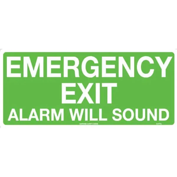 Uniform Safety Signs - 450x200mm - Metal - Luminous - Emergency Exit Alarm Will Sound | 647OLUM