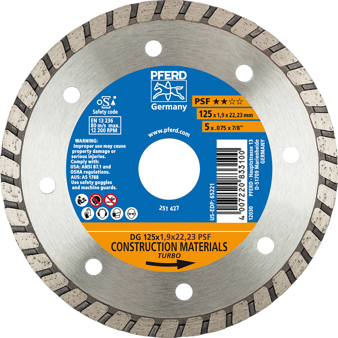 PFERD - Diamond Cut-Off Wheel GP - Turbo Type DG 125 x 1.9 x 22.23 PSF | 68300043 1